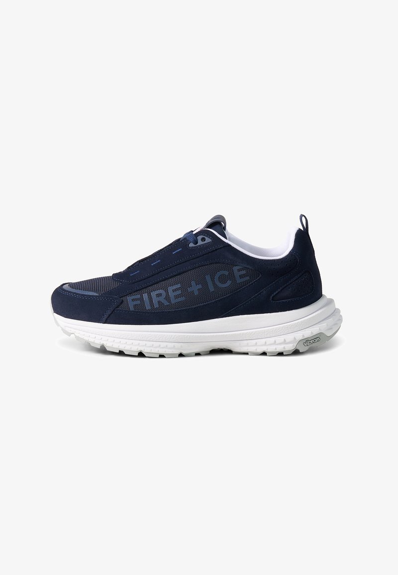 Navy blue athletic shoe with white sole, mesh and suede panels, "FIRE+ICE" text on side, and Vibram logo on heel sole.