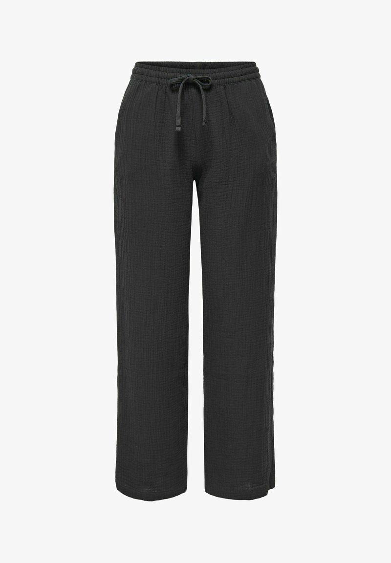 Pantalon noir à coupe ample avec texture, taille élastique et cordon de serrage à l'avant, design à jambes larges, adapté pour une tenue décontractée.