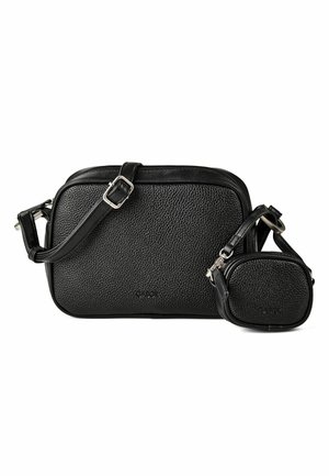 Schwarze Schultertasche aus strukturiertem Leder mit verstellbarem Riemen und passender kleiner Tasche mit Reißverschluss und angebrachtem Riemen.
