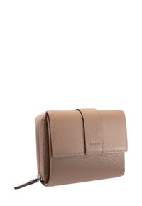 Beige leren portemonnee met een gestructureerd oppervlak, slank rechthoekig ontwerp, opklapbare klep en een ritsvak voor veilige opslag.