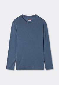 Dlouhý termální rukáv v tmavě modré barvě. Má kulatý výstřih, měkkou texturu a rovný lem s postranními rozparky. Žádné viditelné vzory či detaily.