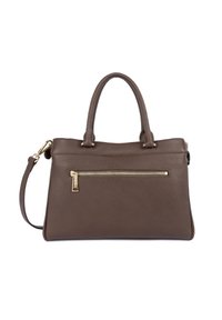 Borsa a mano in pelle marrone con texture, dotata di due manici, tracolla removibile e tasca frontale con zip e dettagli in metallo dorato.