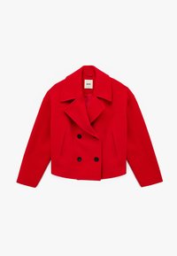 Rød, cropped peacoat lavet af uldblanding. Har brede, notch-lapper, dobbelt-knaplukning og to lodrette lommer.