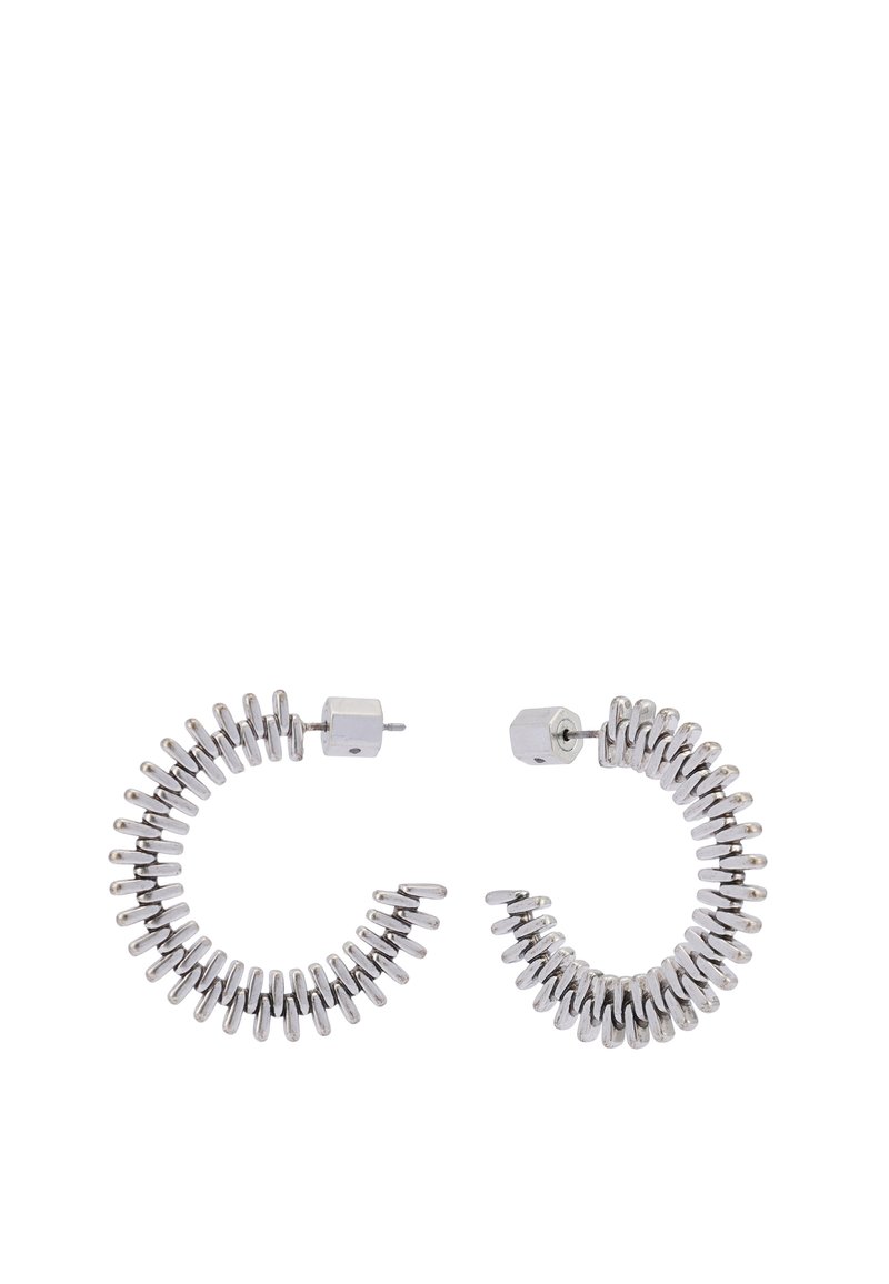 Silver circular earrings featuring a spiral design with small metallic elements and hexagonal accents, showcasing a shiny finish.
