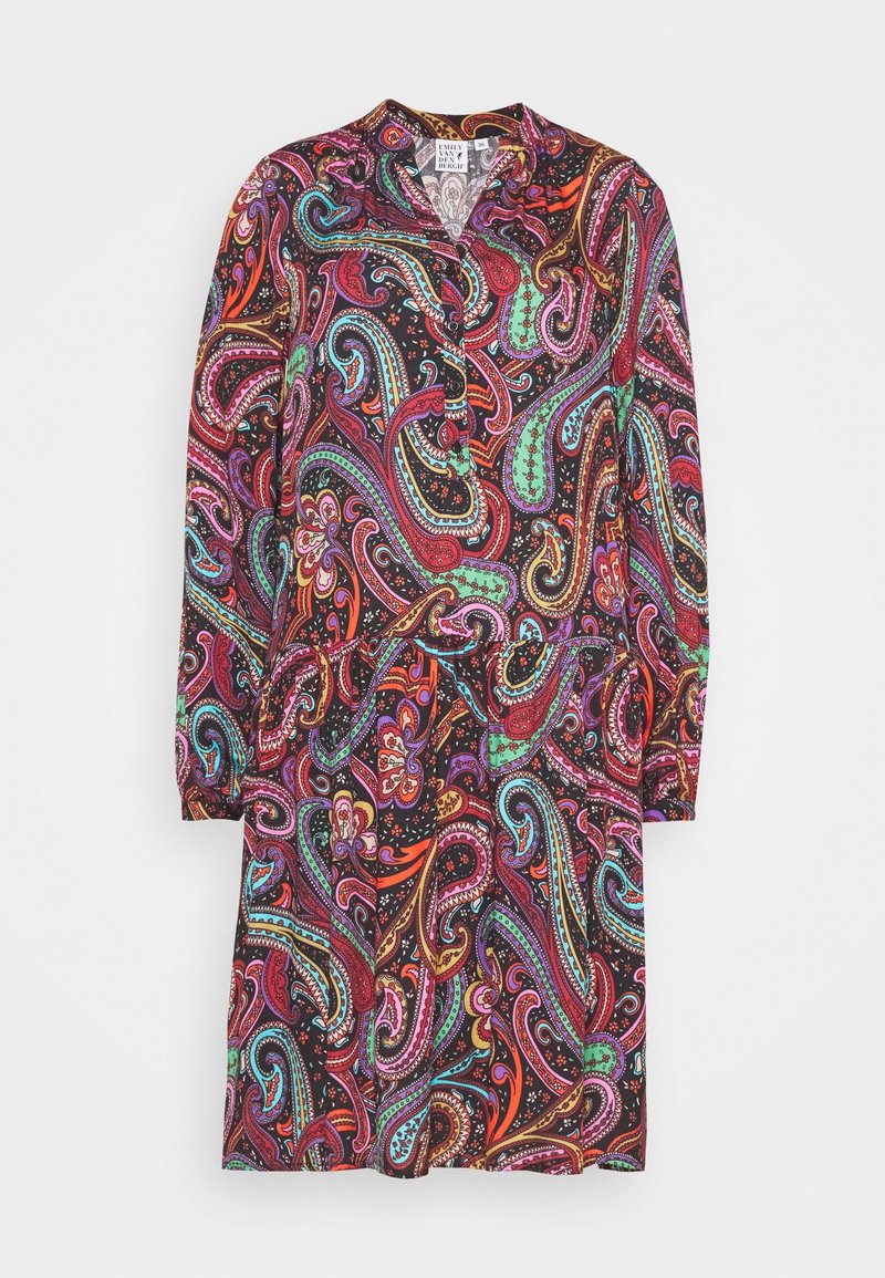 Vestido de manga larga en tela negra con un colorido patrón de paisley que presenta remolinos en rosa, verde y naranja. Con botones en la parte delantera y cuello.