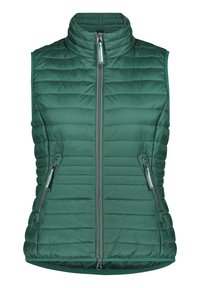 Grön vadderad väst med hög krage, främre dragkedja och två sidofickor med dragkedja. Har horisontell sömnad och en slät, glänsande yta.