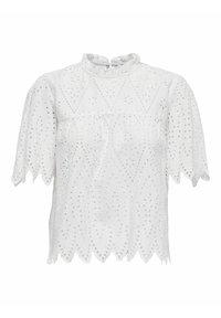 Weiße bestickte Bluse mit kurzen Rüschenärmeln, ausgestattet mit Ausschnittmustern und einem gewellten Saum. Hergestellt aus leichtem Baumwollstoff.