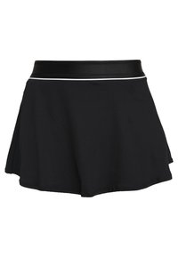 Mustahi musta seelikuub, mis on valmistatud ribatekstuurist. Sellel on lai must vöökoht valge aktsentjoonega. Laienev hem casual sobivuse saavutamiseks.