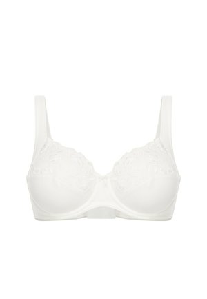 White bra with underwire, wide straps, and floral lace detailing on the upper cups, designed for support and comfort.