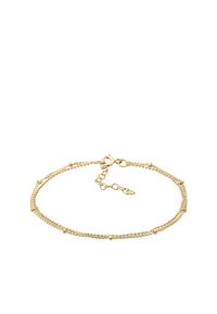 Bracciale in metallo color oro con un design a catena delicato, dotato di piccole perle rotonde e di una chiusura regolabile per la variazione della misura.
