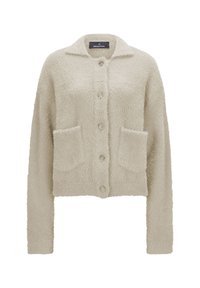 Cremfarbener, flauschiger Button-up-Cardigan mit langen Ärmeln, zwei vorderen aufgesetzten Taschen und Kragen von der Marke Milestone.