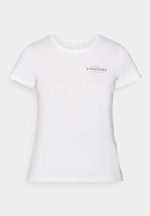 White cotton t-shirt featuring short sleeves and a crew neck. Front has red text: "ONLY PLAY ATHLEISURE EST. ACTIVE LIFE 2006."