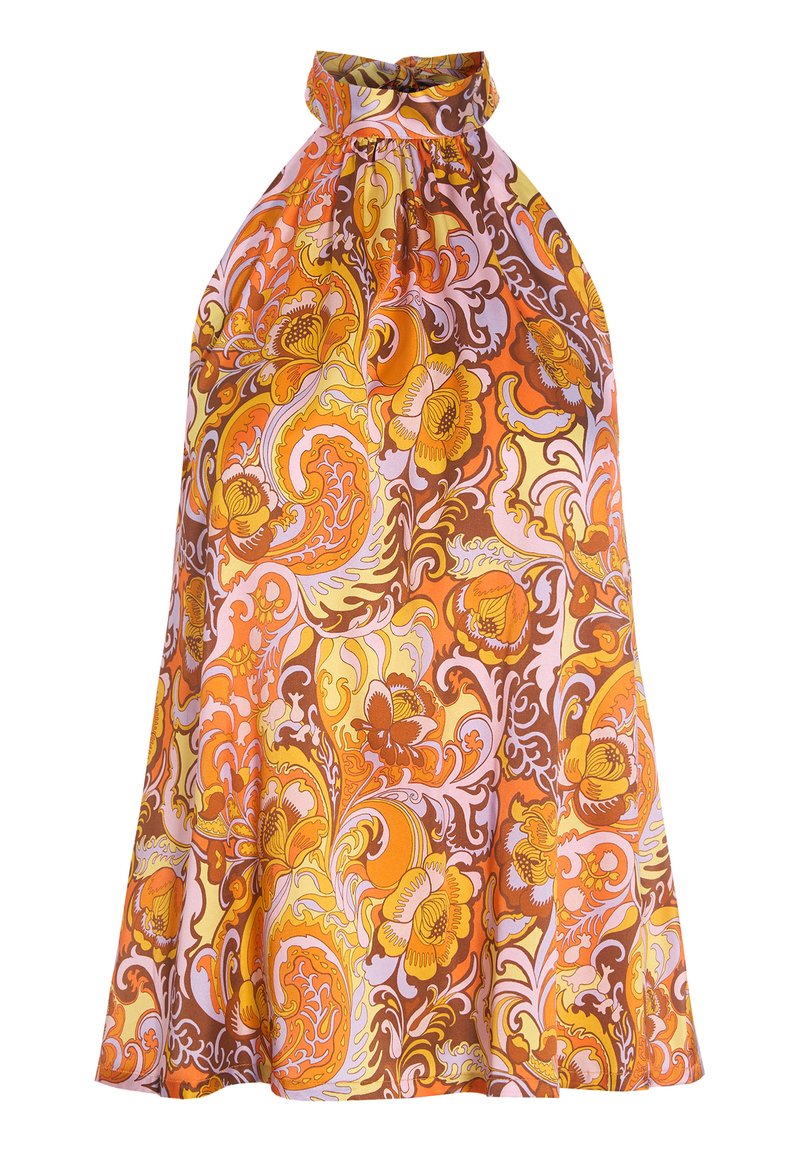 Halterneck-Kleid mit einem floralen Muster in Orange, Braun und Gelb. Glatter Stoff mit lockerer Passform und gerafftem Ausschnitt-Detail.