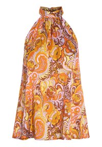 Halterneck jurk in fel oranje, geel en bruine bloemmotieven. Heeft een gathered halslijn en een vloeiende, lichte stof.