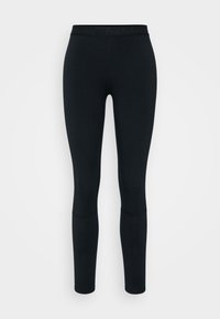 Leggings noirs ajustés en matériau extensible, avec une taille de marque et un design sans coutures, dotés d'accents au niveau des genoux pour une flexibilité accrue.