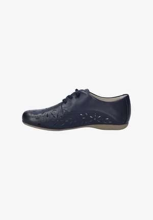 Scarpa stringata in pelle blu navy con motivo floreale ritagliato, punta rotonda e suola in gomma flessibile. Texture liscia con colore dell'inserto a contrasto.
