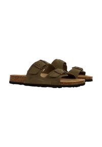 Sandalias de color verde oliva con dos correas ajustables de hebilla, plantilla de corcho y suela de goma texturizada. Diseño de punta abierta para mayor transpirabilidad.