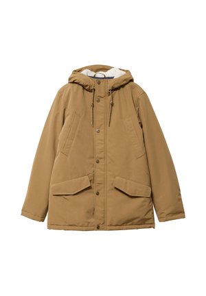Brown hooded winter jacket with front buttons, two side pockets, two flap pockets at the bottom, and drawstrings on the hood.