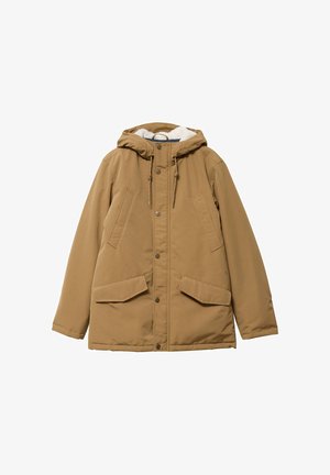 Bruine gewatteerde winterjas met voorknopen, twee zijzakken, twee klepzakken onderaan en trekkoorden op de capuchon.