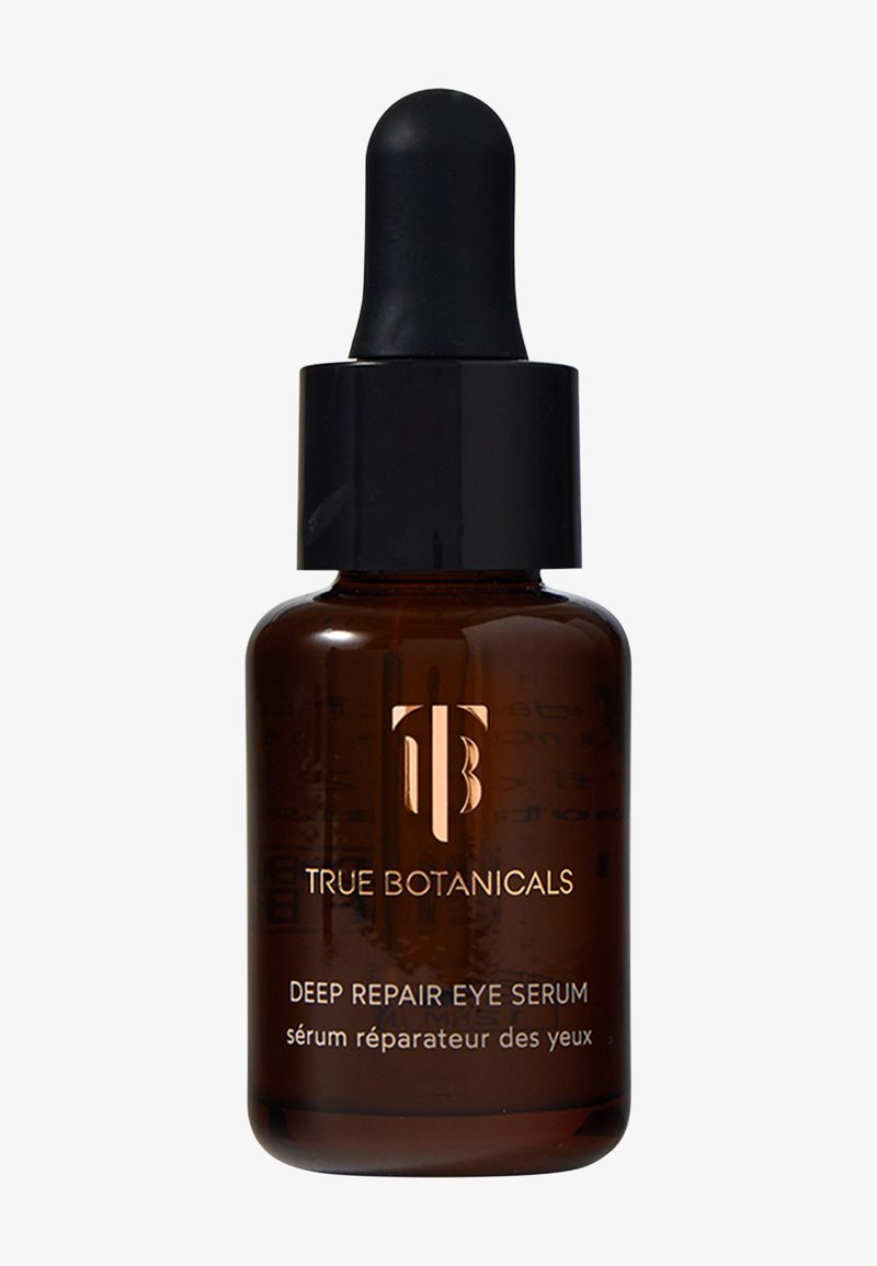 Bruine glazen pipetfles met een zwarte dop. Voor etiketten in witte en gouden tekst, met de productnaam en het merk.