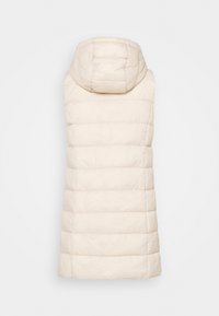 Bezrękawnik w kolorze kremowym, wypełniony puchem, z poziomymi przeszyciami i przypinaną ocieploną kapturem, pokazany z tyłu na białym tle.