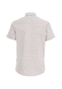 Camicia a maniche corte in tessuto leggero, con una base bianca e un motivo floreale blu navy. Collo classico e orlo dritto, senza chiusure visibili.