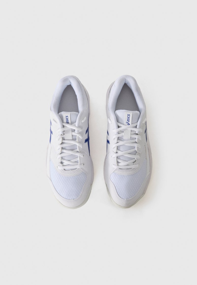 White athletic shoes with mesh and synthetic materials, featuring blue accents and flat laces, designed for comfort and performance.