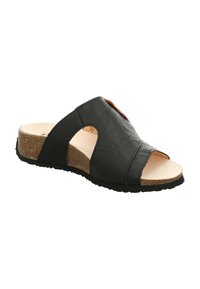 Schwarze Rutschen-Sandalen mit einer strukturierten synthetischen Oberseite, Kork-Zwischensohle und Ausschneidungsdesign. Verfügt über eine offene Zehenpartie und eine Gummisohle für besseren Halt.