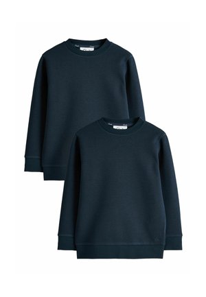 Two plain dark navy blue crewneck sweatshirts with long sleeves, ribbed cuffs, and waistband, shown on a white background.