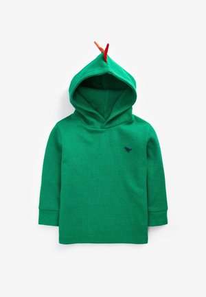 Sweat à capuche vert à manches longues pour tout-petit, avec des pointes en tissu orange et rouge sur la capuche et un petit logo de dinosaure sombre sur la poitrine.