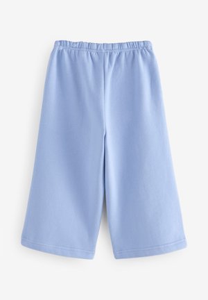 Pantalones cortos azul claro hechos de una mezcla suave de algodón, con cintura elástica, aberturas anchas en las piernas y una textura suave.