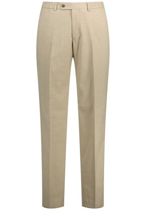Beige op maat gemaakte broeken met een gladde textuur, knoopsluiting en geplooide voorkant, met een recht gesneden ontwerp en zonder zichtbare patronen.