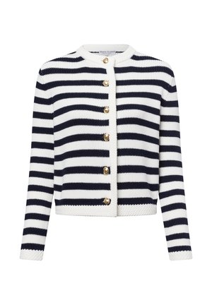 Navy and white striped cardigan made of knit fabric, featuring a rounded neckline and gold-tone buttons along the front.