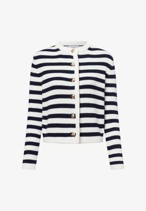 Navy and white striped cardigan made of knit fabric, featuring a rounded neckline and gold-tone buttons along the front.