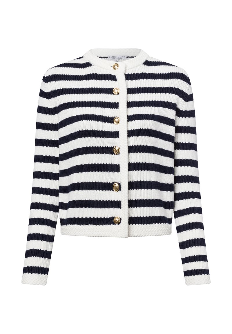 Marineblauwe en witte gestreepte cardigan van gebreide stof, met een ronde halslijn en gouden knopen aan de voorkant.
