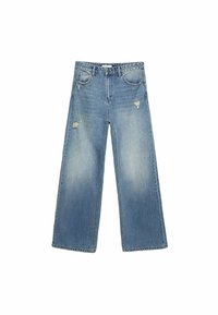 Ljusblå vida jeans med hög midja och lätta slitningar på framsidan av låren, visade mot vit bakgrund.