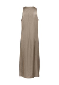 Lång, ärmlös klänning i ett jämnt, taupe-färgat tyg. Har en bakre dragkedja och sidofickor för smidig rörelse. Enkel, flödande design.