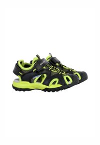 Sandalias infantiles negras y verde neón con paneles de malla transpirable, correa ajustable de Velcro, suela de goma resistente y puntera protectora.