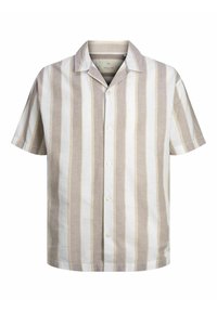 Gestreepte korte mouwen blouse in lichtbeige en witte kleuren, gemaakt van linnen, met een knoopsluiting aan de voorkant en een puntige kraag.