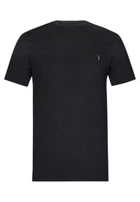 T-shirt in cotone nero con maniche corte, scollatura rotonda e un piccolo logo in rilievo sul lato sinistro del petto. Tessuto liscio, vestibilità classica.