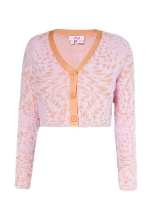 Korte, zachte cardigan met lange mouwen, oranje en roze dierenprint, oranje knoopsluiting en V-hals.