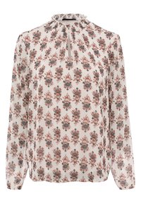 Blouse blanche transparente à manches longues avec col montant à volants et imprimé floral intégral dans des tons rouge, vert et bleu atténués.