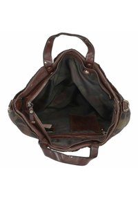 Borsa in pelle marrone con un'ampia apertura, dotata di un interno foderato in camouflage, numerosi scomparti e chiusura con zip.