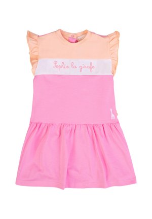 Vestito senza maniche rosa e pesca per bambina con maniche arruffate, ricamo "Sophie la girafe" e piccolo motivo giraffa vicino all'orlo.
