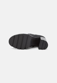 Zapato de tacón negro con suela de goma texturizada, parte superior lisa, diseño de tacón cuadrado y ranuras horizontales para agarre y tracción.