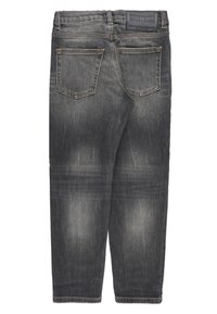 Jeans in denim slim fit di colore grigio scuro con texture sbiadita, dotati di due tasche posteriori e cuciture visibili lungo le cuciture.