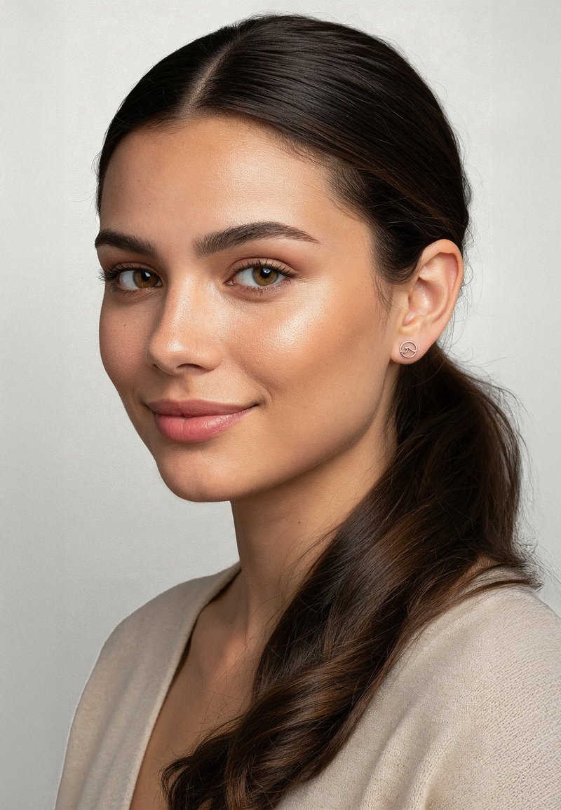 Närbild av en kvinna med långt, mörkt hår som bär små örhängen i roséguld. Hennes hud har en naturlig lyster; hon har på sig en ljusbeige topp.