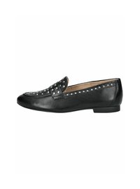 Schwarze Lederloafers mit silbernen Nieten entlang der Zehen- und Seitenpartie. Niedriger Absatz und rundes Design mit einer glatten Textur.