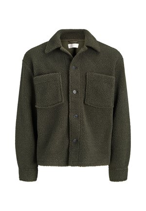 Тъмнозелено поларено яке с копчета с два джоба на гърдите и класическа яка, изработено от мек, текстуриран плат.