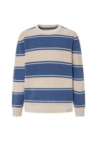 Puuvillane kudum, millel on horisontaalsed triibud sinises ja beezis, ribidega ümar kaelus ja äär, tekstureeritud kangas, millel on valged aktsentjooned.